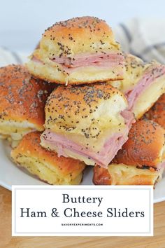 ham and cheese sliders stacked on top of each other with the title text overlay