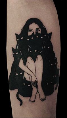 a black and white photo of a woman with cats on her leg, done by tattoo artist