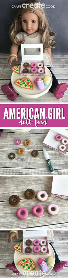 the american girl doll is holding a plate with doughnuts on it, and there are