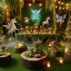 a room filled with lots of fake trees and fairy figurines on top of wooden stumps