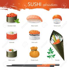 sushi illustrations with different types of sushi