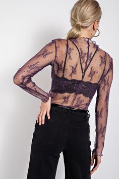 Purple Lace Top: Styling Options: Soon to be your favorite layering piece! So cute under Tees, Rompers, Blazers, EVERYTHING really! + Models are wearing it with a bralette to show it's sheer, but pair with a full body cami for a modest look! Care: Hand Wash Cold, Hang Dry. 100% polyester. Luxury Sheer Lace Top For Summer, Luxury Summer Sheer Lace Top, Luxury Chic Sheer Lace Top, Luxury Long Sleeve Lace Patchwork Top, Purple Lace Tops Blouses, Luxury Sheer Lace Top For Evening, Luxury Embroidered Purple Tops, Boutique Warehouse, Mens High Boots