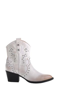 Polished studs and decorative stitching embolden a Western-inspired boot balanced by a pointy toe and stacked block heel. 2 1/4" heel Pull-on style Synthetic upper, lining and sole Imported Winter Spiked Boots, Western Boots With Rhinestone Rivets For Winter, Western Boots With Rhinestone Rivets, Western Winter Boots With Rhinestone Rivets, Western Boots With Rhinestone Rivets For Fall, Spiked Ankle Boots For Fall, Fall Boots With Spikes, Western Snip Toe Boots With Studs, Western Snip Toe Studded Boots