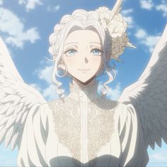 an angel with white hair and blue eyes standing in front of the sky, holding her wings open