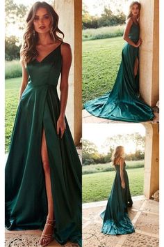 Ball Dresses For Teens, Dresses With Train, Prom Dress Green, Satin Long Prom Dress, Emerald Green Prom Dress, Prom Dress With Train, Green Formal Dresses, Formal Dresses Graduation, Prom Dresses Simple