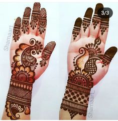 two hands with henna designs on them, one showing the intricate design and the other showing