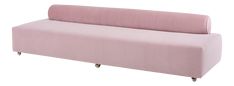 a pink couch sitting on top of a wooden frame