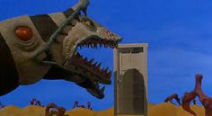 an animated image of a giant dinosaur with its mouth open and people in the background