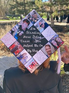 Grad cap with quote from Legally Blonde "I'm standing here today 'cause you helped me on my way." Decorated with pictures of friends and family that helped the grad finish their degree. Graduation Cap Designs Dedicated To Family, Graduation Cap Ideas Family, Cap Decoration Graduation Pictures, Graduation Cap I Did It For Them, Grad Cap Ideas Family, Grad Cap Ideas Pictures, Graduation Cap Designs Family Pictures, Cap Decoration Graduation Family, Graduation Cap Designs Friend Group