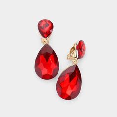 Crystal Red Double Teardrop Clip-on Gold Earrings-Earring-SPARKLE ARMAND Red Rhinestone Earrings, Pageant Earrings, Prom Earrings, Red Earrings, Red Rhinestone, Crystal Drop Earrings, Red Crystals, Sweet Sixteen, Glass Crystal