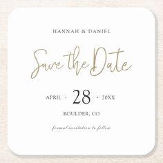 save the date card with gold foil lettering on white paper, which reads'save the date '