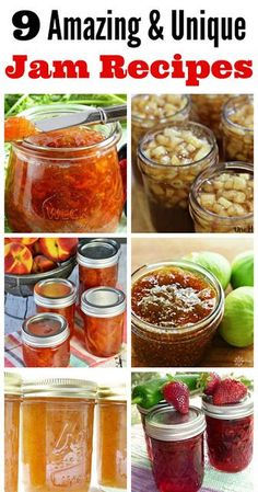 jars filled with jams and fruit sitting on top of a table