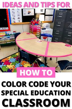 a classroom desk with pink tape on it and the words how to color code your special education classroom