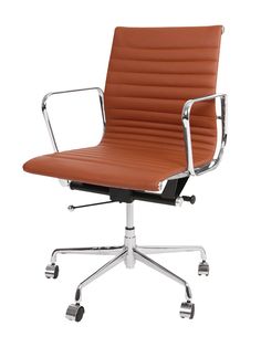 an orange office chair with chrome frame and leather upholstered seat, viewed from the front