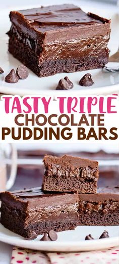 decadent chocolate pudding bars on a white plate