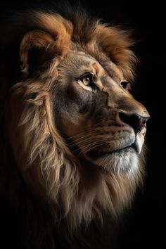 a close up of a lion's face on a black background