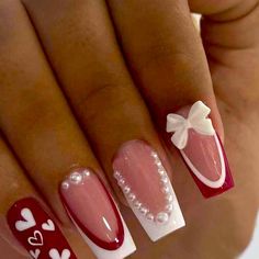 Women’s Fashion Nail Very Cute New Still In The Box Xmas Acrylic Nails Red, Red Christmas Nails Long, Red And Pink Nail Designs, Dec Nails, Cheer Nails, Flames Nails, Nail Challenge, Nails Coquette, Glitter French Nails