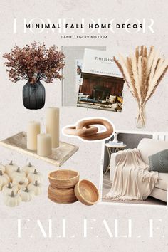 a collage of various items including candles, vases and pictures with text that reads minimal fall home decor