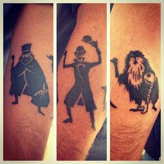 three different tattoos on the arms of people with one man holding a hat and another woman wearing