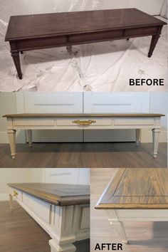 before and after photos of a coffee table in white with wood grained top, from the front to the back