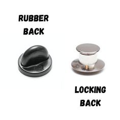 two buttons with the words rubber back and looking back on them are shown in black and white