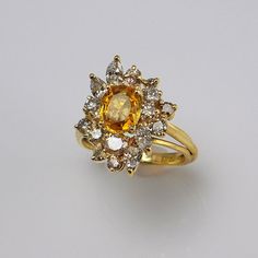 Yellow Sapphire Diamond Cluster Engagement Ring Sapphire Diamond Wedding Ring Wedding Band Mid Century Engagement Ring 1950s Wedding 18K Elegant Yellow Pear-shaped Diamond Ring, Yellow Oval Sapphire Diamond Ring, Oval Yellow Diamond Wedding Ring, Oval Yellow Sapphire Ring With Diamonds, Yellow Diamond Ring For Wedding, Elegant Yellow Marquise Cut Ring, Elegant Yellow Diamond Ring Hallmarked, Formal Yellow Sapphire Rings With Halo Setting, Yellow Topaz Halo Ring Fine Jewelry