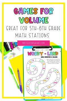 the printable worksheet for games for volumee great for 5th - 6th grade math stations