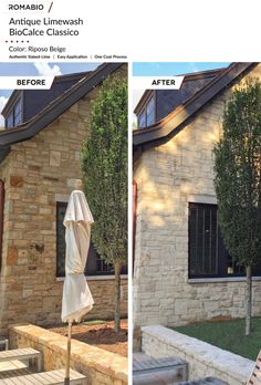 two pictures of a house with an umbrella in the front yard and on the side