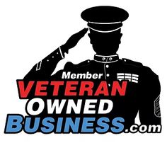 the veteran owned business logo is black and white, with an image of a soldier saluting