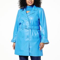 Colleen Lopez Faux Leather Coat with Ruffle Cuffs   Stay stylish and elegant with Colleen Lopez's ruffle-cuff coat. It's the cold-weather statement look you'll love wearing all season long. Chic Blue Outerwear With Belted Cuffs, Elegant Spring Faux Leather Outerwear, Elegant Faux Leather Outerwear For Spring, Blue Winter Outerwear With Belted Cuffs, Fall Blue Ruffled Outerwear, Faux Leather Coat, Draped Fabric, Cornflower Blue, Leather Coat