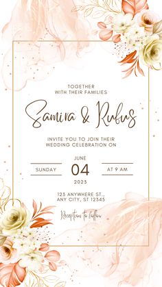 an elegant wedding card with watercolor flowers and leaves on the front, in peach tones