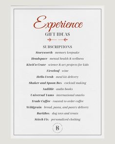 the experience gift ideas menu is shown