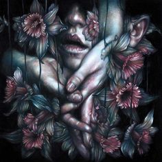 a drawing of a woman's face and hands surrounded by flowers in the dark