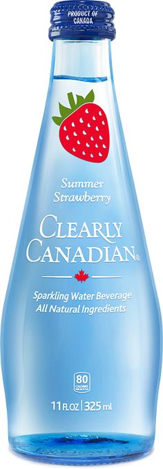 a bottle of water with a strawberry on the top and label that says, clearly canadian