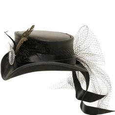 Step out in style with this gorgeous Victorian leather top hat. Crafted of luxurious leather and decorated with a satin black band, overlay mesh, bow closure, antique medallion and feathers, it provides an elegant yet edgy look. An undeniable head-turner, this hat adds flair to any ensemble. Featuring a super comfortable removable sweatband liner that attaches securely with velcro tabs sewn-in to the hat. Easily swap the liner for a half or full-size reducing sweatband (included with purchase) t Antique Medallion, Leather Top Hat, American Hat Makers, 2025 Wedding, Mesh Bows, Wedding Hat, Quality Hats, Wedding Hats, Edgy Look