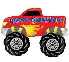 a red monster truck with black wheels and the words happy birthday on it