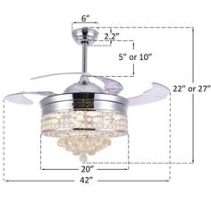 a ceiling fan with crystal balls hanging from it's blades, and measurements for the light