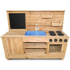 a wooden play kitchen with blue sink and stove