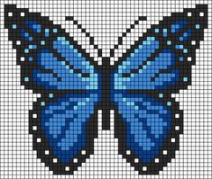 a blue butterfly with black spots on it's wings is shown in the cross stitch pattern