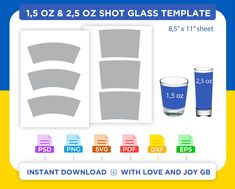 the blue glass is next to two shot glasses with love and joy g bg