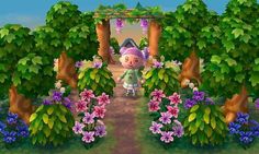 an animal crossing through a garden with lots of flowers