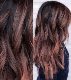 Chocolate Rose Hair Balayage, Dark Brown With Rose Gold Balayage, Dark Hair Rose Gold Highlights, Dark Rose Gold Hair Balayage, Rose Gold Brown Balayage, Rose Gold Highlights On Dark Hair, Dark Rose Gold Balayage, Rose Brown Hair Color Dark, Rose Gold Highlights Brunette Dark Brown Balayage Hair