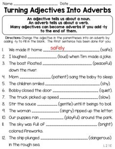 a worksheet with the words turning adjects into adverbs