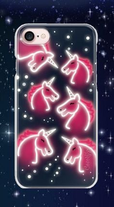 an iphone case with neon unicorns on the back and stars in the sky behind it