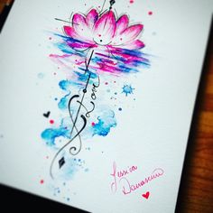 a watercolor drawing of a pink flower on a white paper with writing underneath it