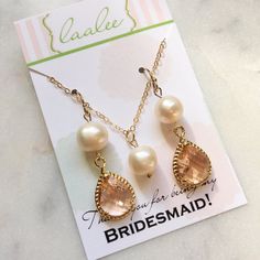 Rose Gold Dangle Jewelry With Pearl Charm, Formal Rose Gold Necklace With Pearl Charm, Peach Pearl Drop Jewelry Gift, Rose Gold Pearl Earrings With Pearl Charm, Elegant Peach Pearl Jewelry, Jewelry Set Gold, Blush Earrings, Peach Jewelry, Pearl Jewelry Set