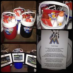 several pictures of sports items in buckets