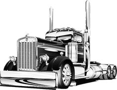 a black and white drawing of a semi truck