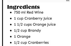 ingredients list for red wine, including orange juice and cranberry juice on white background