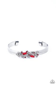 A jumble of dazzling red and white rectangle-shaped rhinestones mingle with small red sparkling rhinestones atop a modern stamped silver cuff. Sold as one individual bracelet. Red Bracelet, White Rectangle, Jewelry Watch, Purple Bracelet, Red Bracelets, Paparazzi Accessories, White Rhinestone, Red Rhinestone, Paparazzi Jewelry